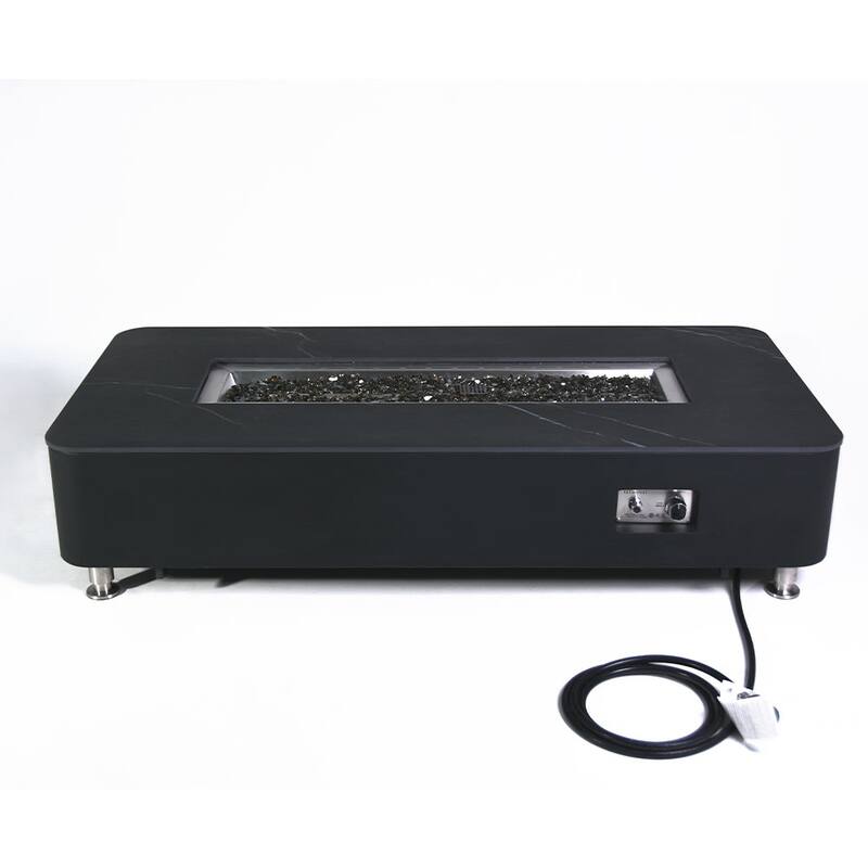 Elementi Plus Valencia Outdoor Fire Pit Table Concrete Rectangular 60000 BTU - 62 x 30 inches with Lid, Fire Glass, and Cover