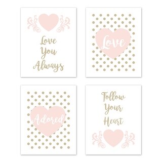 Sweet Jojo Designs Blush Pink Gold Polka Dot Heart Amelia Collection Wall Decor Art Prints (Set of 4) - Love You Always