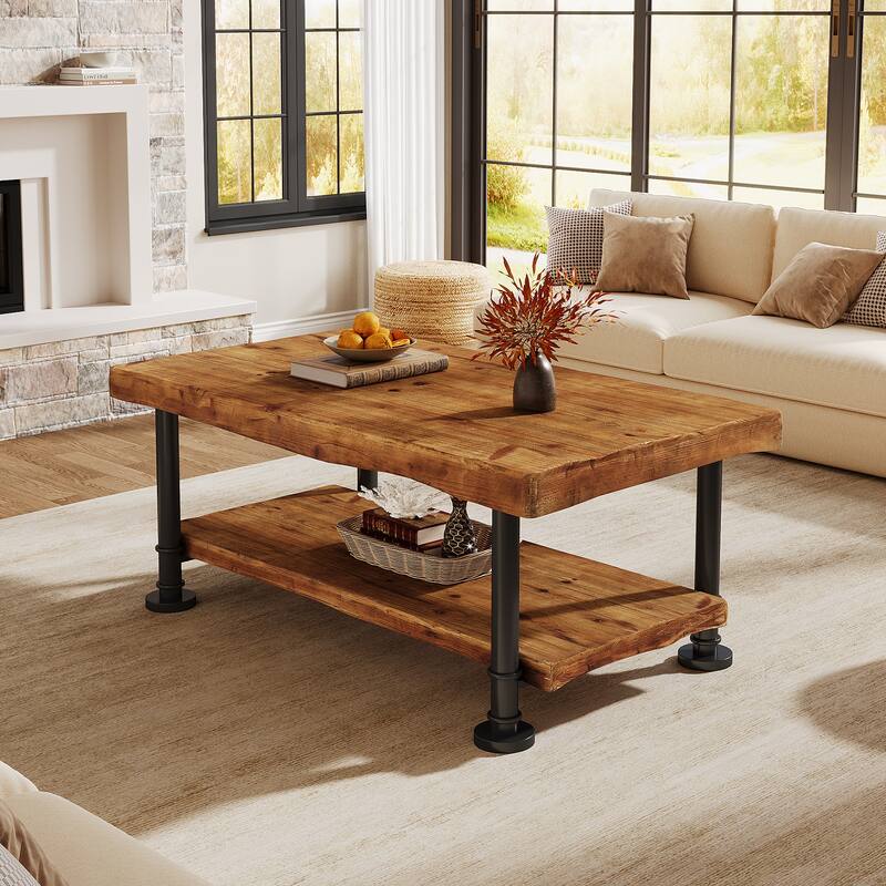 Farmhouse Coffee Table with Storage Solid Wood 2-Tier Center Table for Living Room