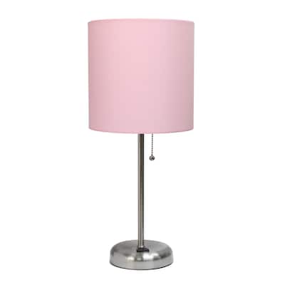 Brushed Steel Bedside Table Desk Lamp with Drum Shade - 19.5" - Silver and Pink