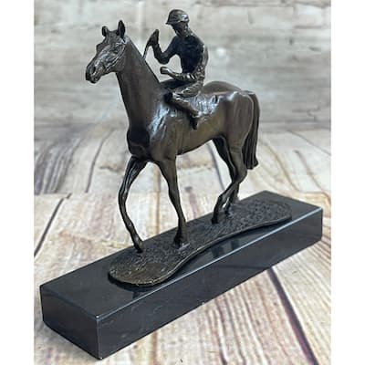 Miniature Jockey On Horse Equestrian Bronze Statue Sculpture Figurine Decor Marble Base 6 Inches X 6 Inches