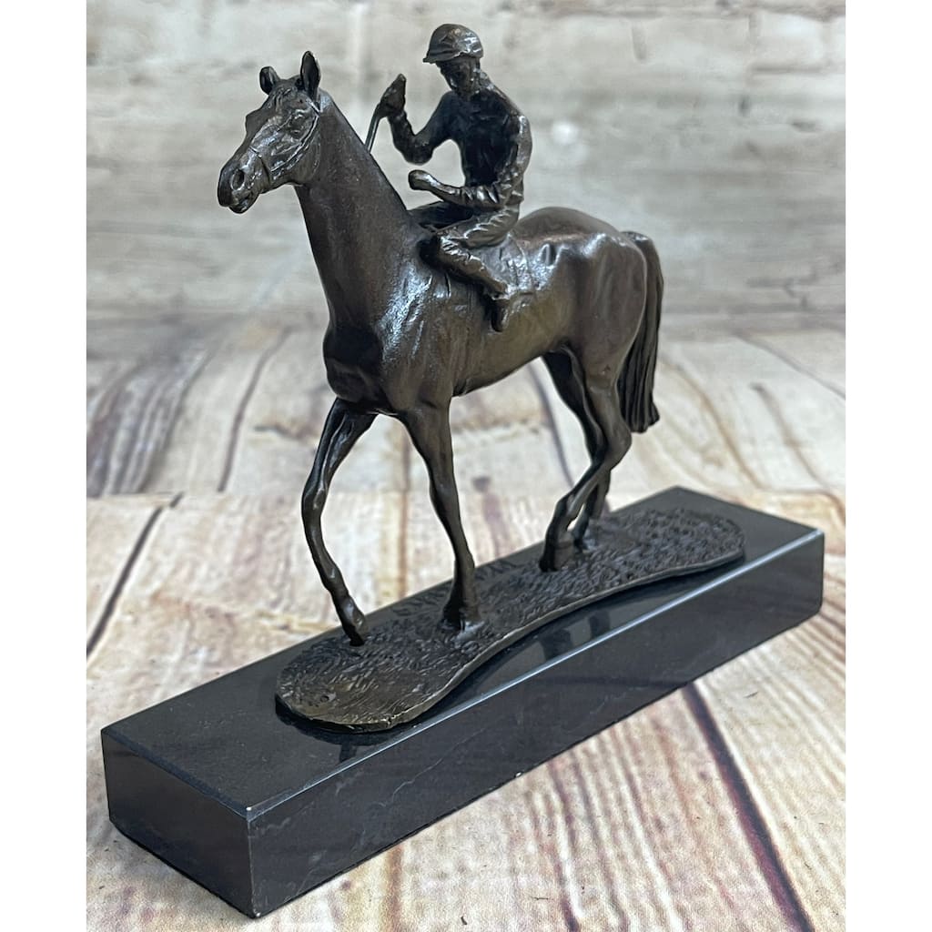 Miniature Jockey On Horse Equestrian Bronze Statue Sculpture Figurine Decor Marble Base 6 Inches X 6 Inches