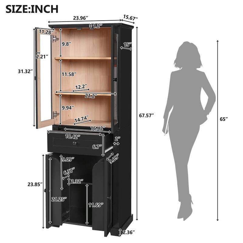 67.2" Tall Bathroom Storage Cabinet with Tempered Glass Doors, Adjustable Shelves, Soft-Close Design