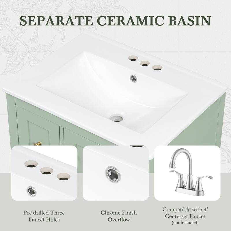 24-Inch Bathroom Vanity with Storage, Adjustable Shelf, MDF & Rubberwood, Removable Dividers