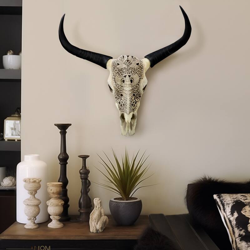 Sagebrook Home Boho Resin 28" Bull Skull Wall Accent, Ivory/Black - 28" x 8" x 28" - Multi