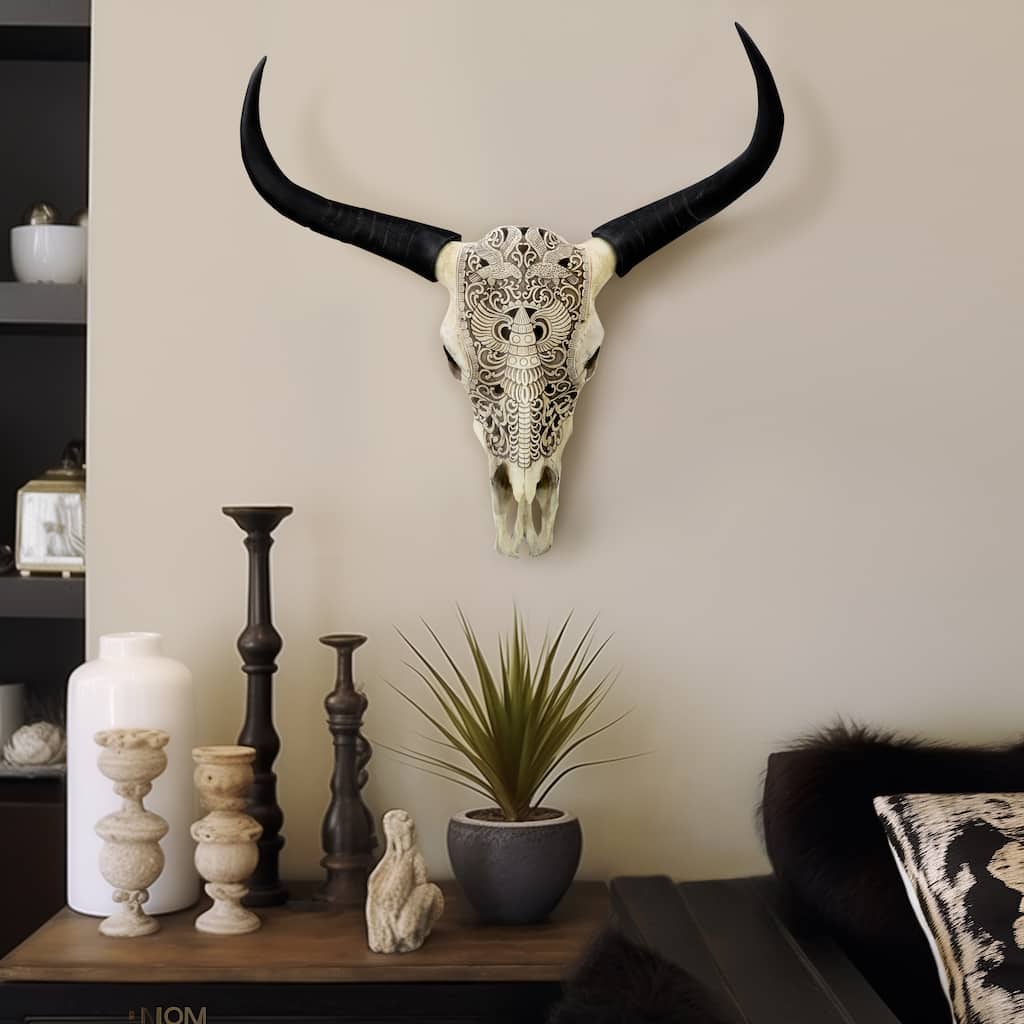 Sagebrook Home Boho Resin 28" Bull Skull Wall Accent, Ivory/Black