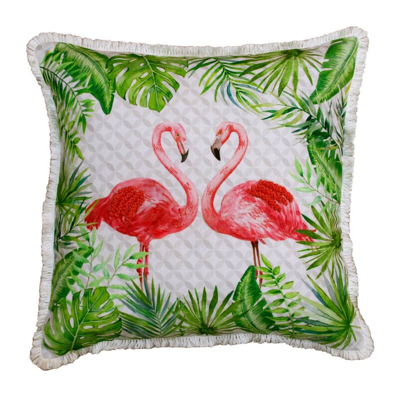 Handwoven Coastal Flamingo Square Throw Pillow Cover - 20" - Pink and Green