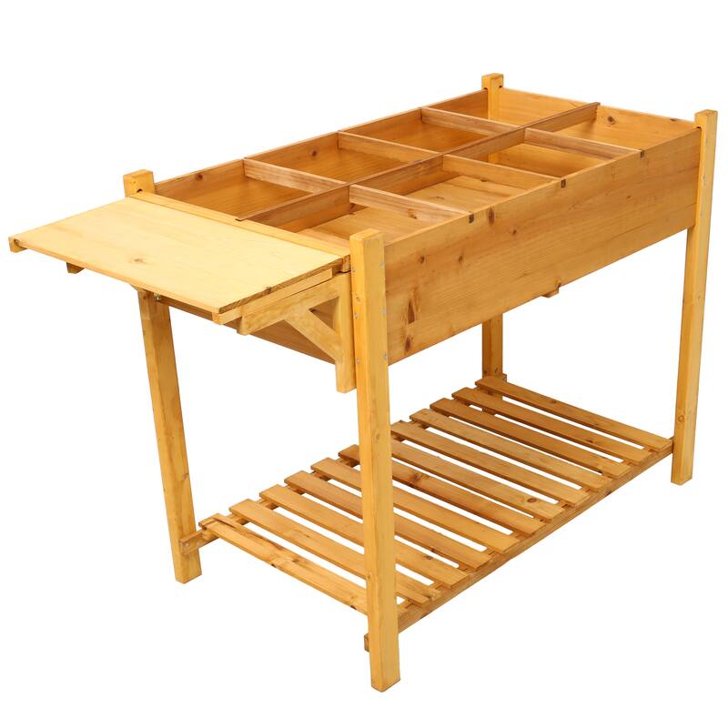 Country Rustic Style Garden Bed with Foldable Side Table and Storage Shelf, for Herb Vegetables Flowers Outdoor Gardening