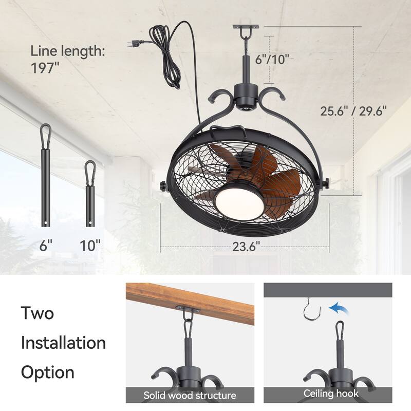 23.6" Industrial Wet Outdoor Caged Ceiling Fan with Light and Remote