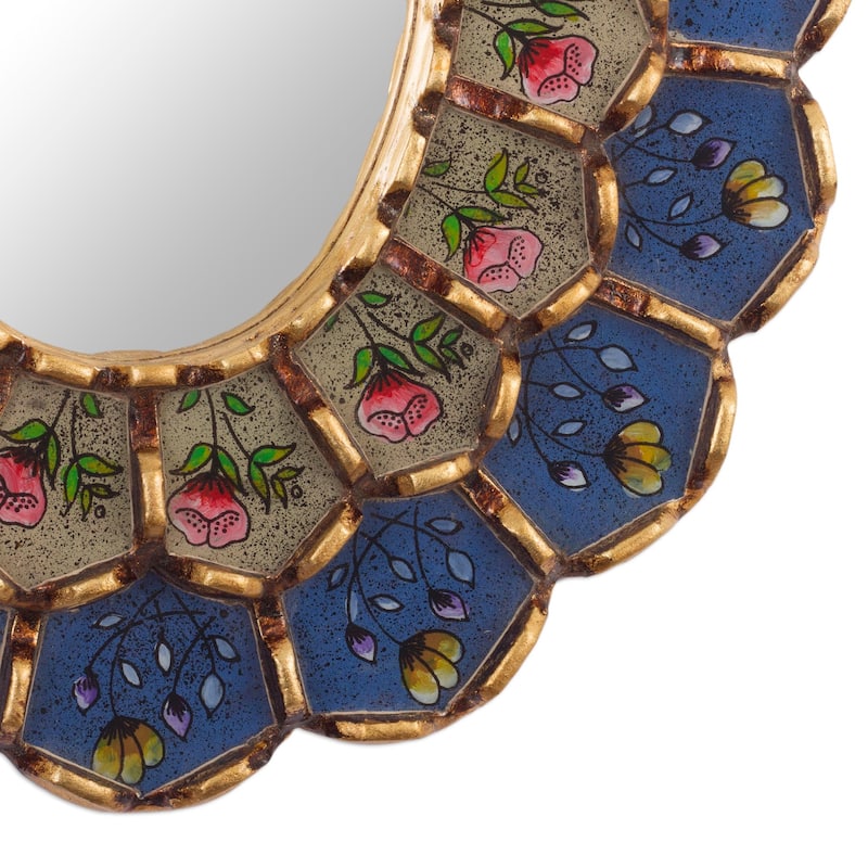 Novica Handmade Idyllic Garden In Blue Reverse-Painted Glass Wall Mirror