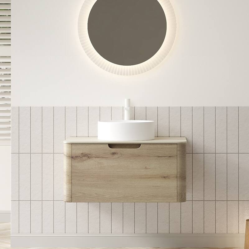 GDFStudio - Xai Floating Bathroom Vanity with Drawer, White Round Ceramic Basin & Travertine Sintered Stone Top, WITHOUT Faucet - 30" - White Oak