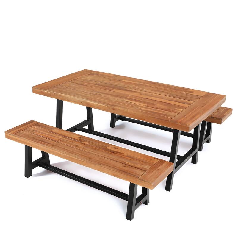 MAISON ARTS Sophia & William 3-Piece Patio Wooden Dining Set, 1 Wooden Table and 2 Wooden Benches