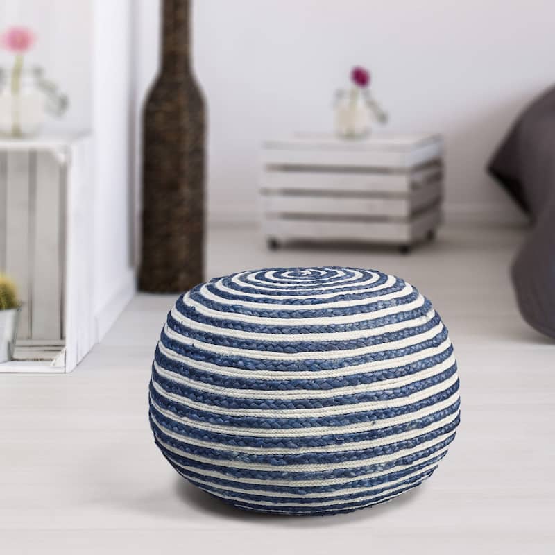 20" Navy and White Two Tone Hand Knitted Round Pouf Ottoman