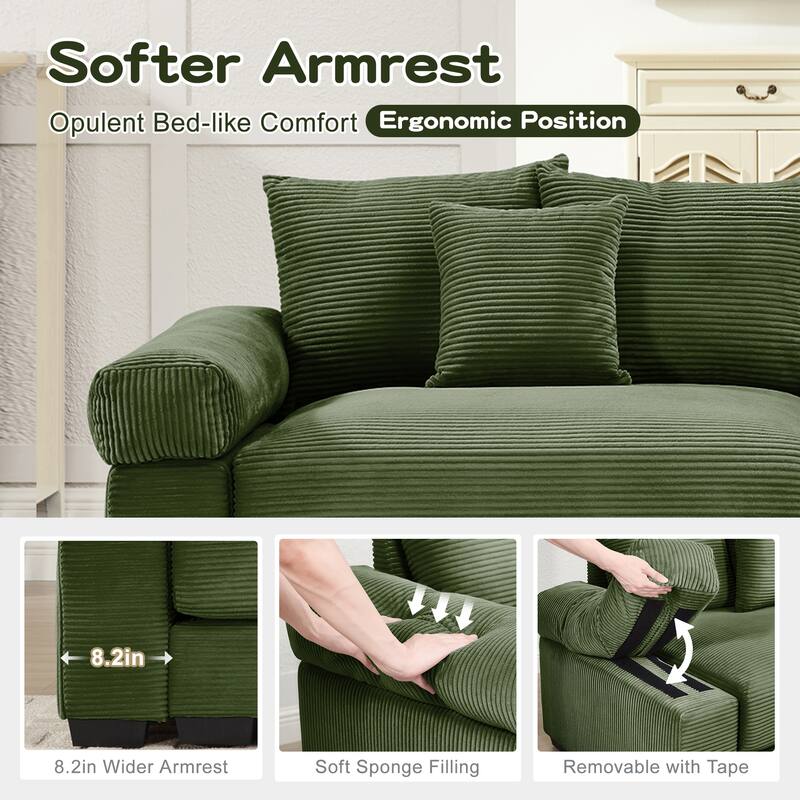 Sectional Couch with 2 Movable Ottomans, 92" Corduroy Couches for Living Room, Upholstered Sofa Couch with Deep Seat for Bedroom
