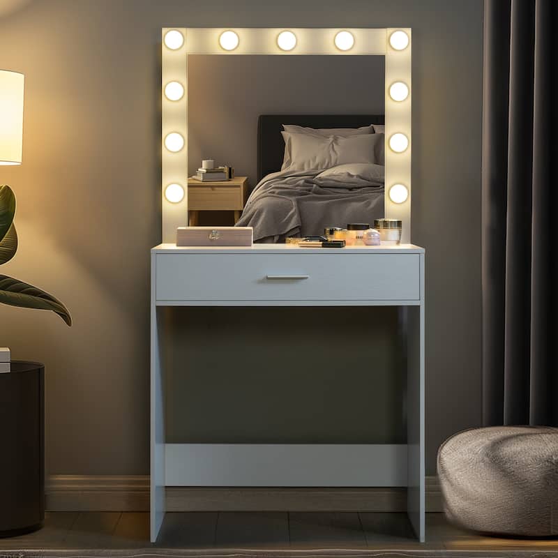 LED Mirror Vanity Dressing Table with Lights for Women & Girls - 3-Color Adjustable Light Strips, 2 Large Drawers
