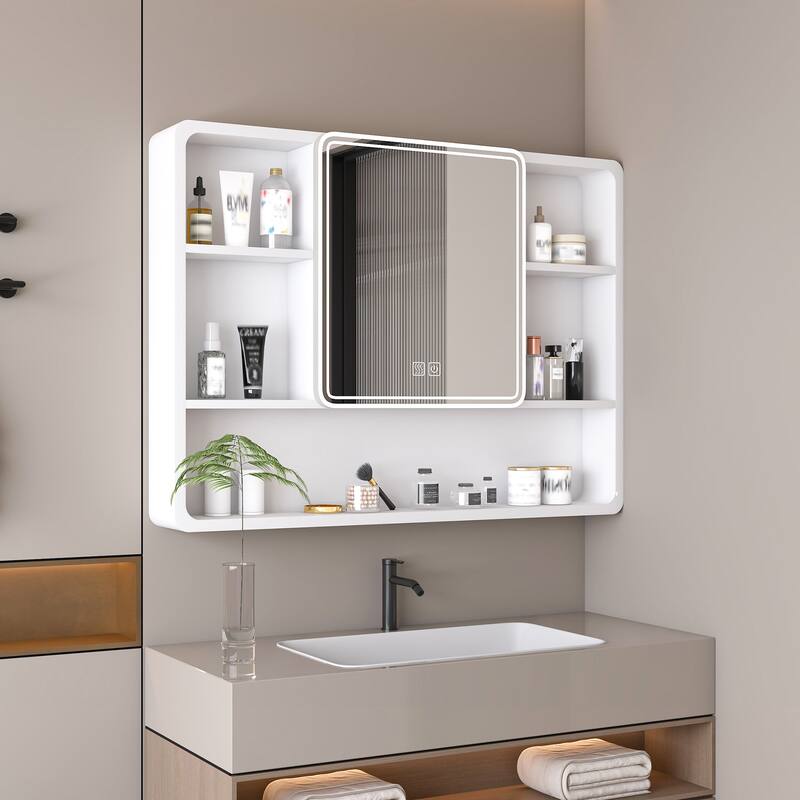 Roomfitters 35 Inch Illuminated Medicine Cabinet, Aluminium Bathroom Mirror with Defogger and Cosmetic Storage - White