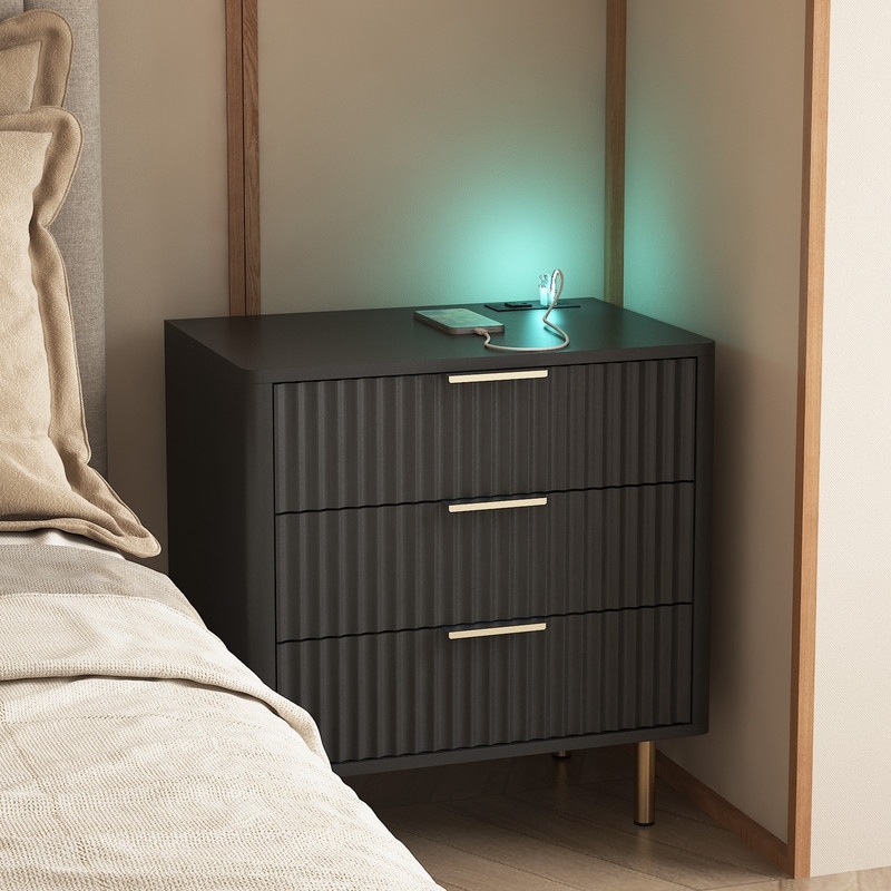 Modern Nightstand with Charging Station, Night Light and Storage for Bedroom