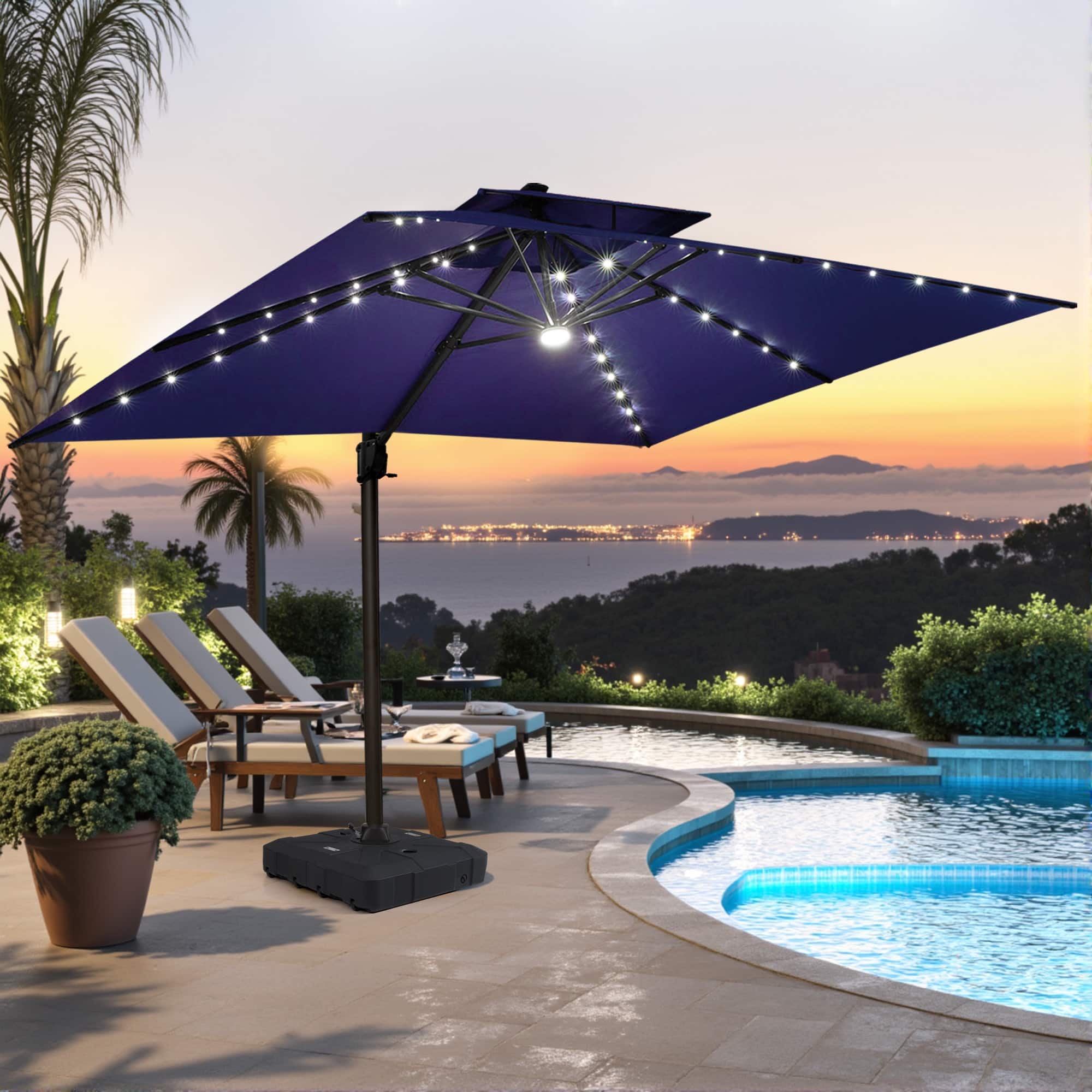 10 cantilever rectangular patio umbrella 10'x13' Designer Rectangle Solar Lux Infinite Tilt dyed canopy provides rich color and UPF 50+ protection season after season.Thick aluminum pole with 8 steel ribs and powder Clearance - PURPLE LEAF OPEN