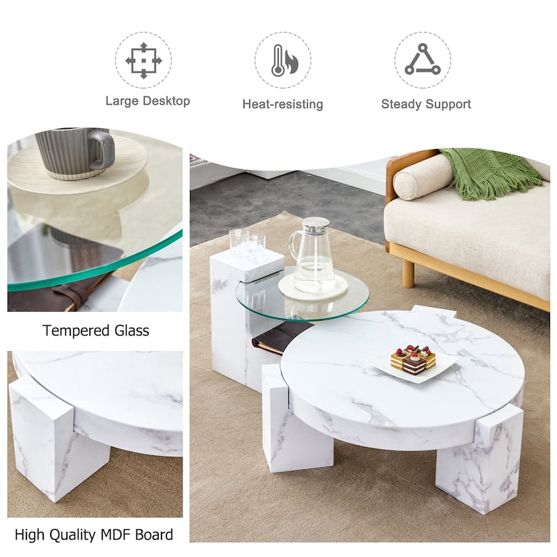 Double-Layer Round Coffee Table, Transparent Glass Top with L-Shaped Legs, Detachable Design Modern Center Table