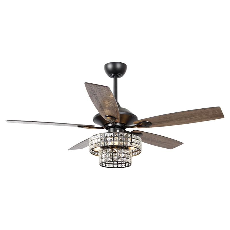 52" Black 4-Light Wooden Crystal Ceiling Fan Chandelier with Remote