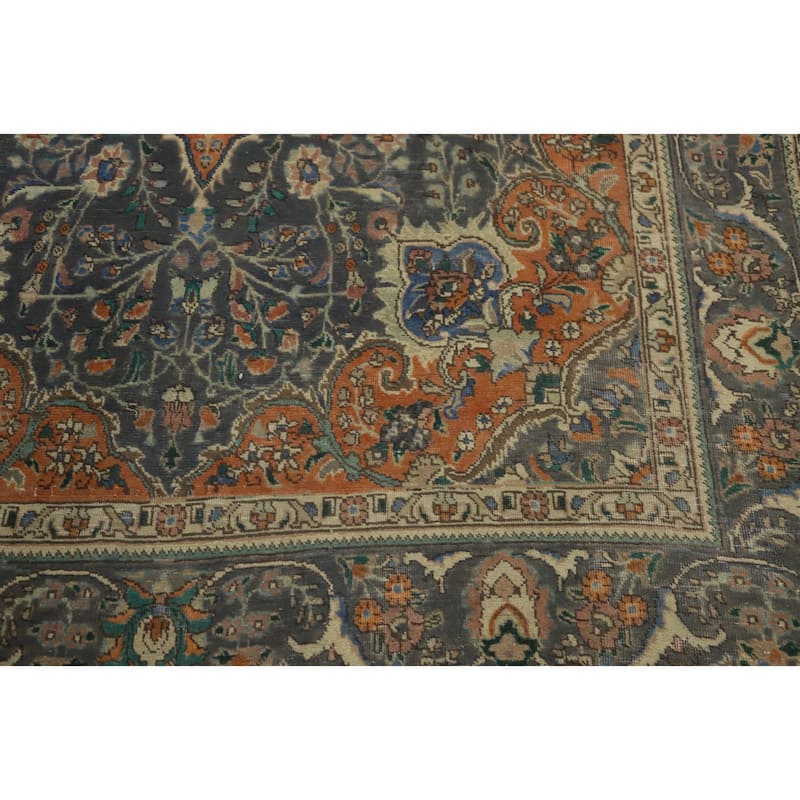 Hand Knotted Oriental 100% Wool Carpet Traditional Floral Greys & Charcoal Tabriz Area Rug - 10' 2'' X 6' 5''