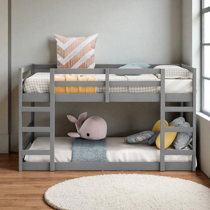 Twin Over Twin Wooden Bunk Bed with Ladder, Guardrails, Solid Pine Frame, No Box Spring Needed - Grey - Twin