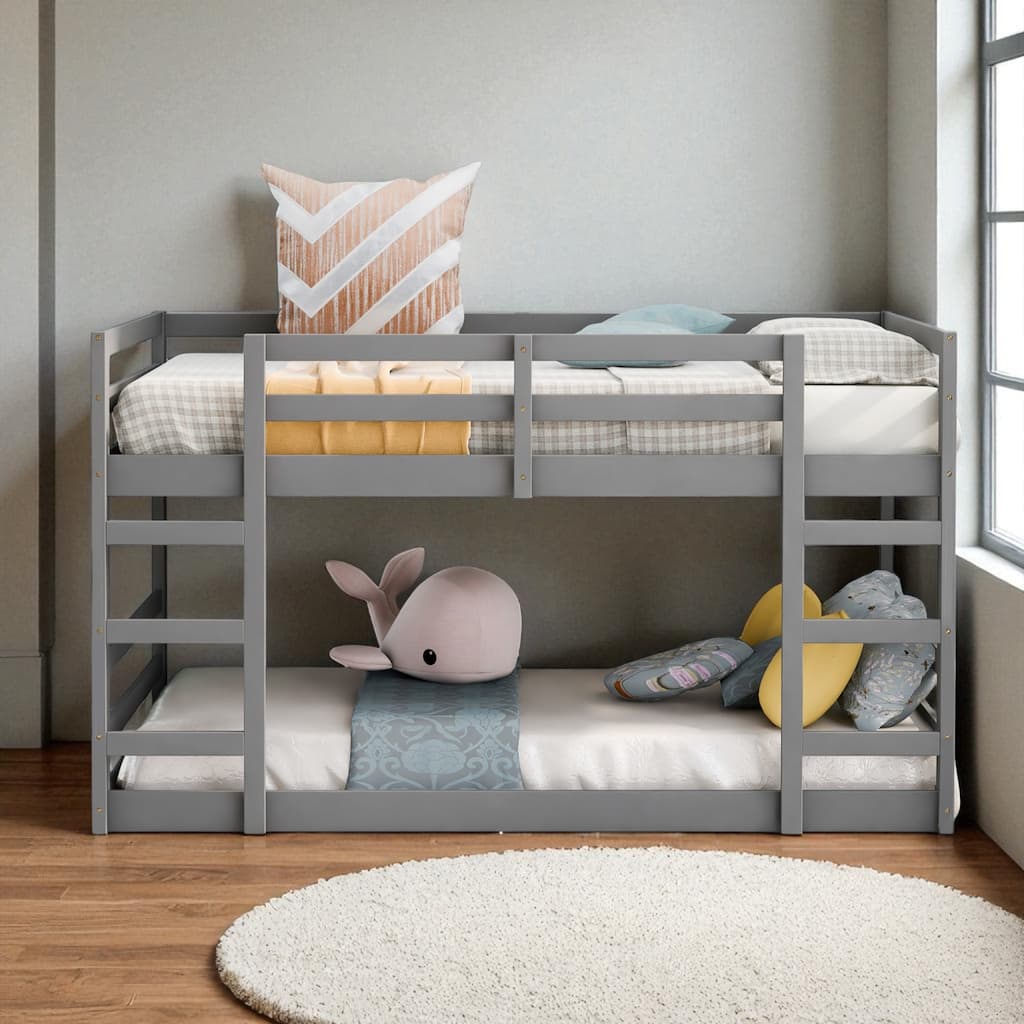 Twin Over Twin Wooden Bunk Bed with Ladder, Guardrails, Solid Pine Frame, No Box Spring Needed