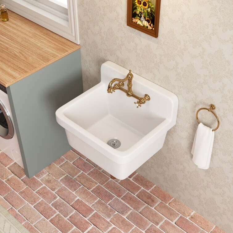ELLAI 24" Ceramic High Back Wall Mount Utility Sink – Farmhouse Style, Glossy Black, 3-in-1 For Bathroom, Kitchen, Laundry