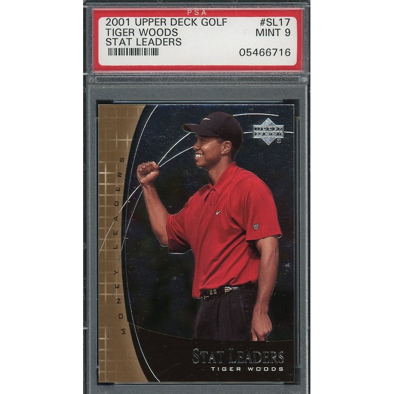 Tiger Woods 2001 Upper Deck Stat Leaders Golf Card #SL17 Graded PSA 9 MINT - 8'6" x 11'6"