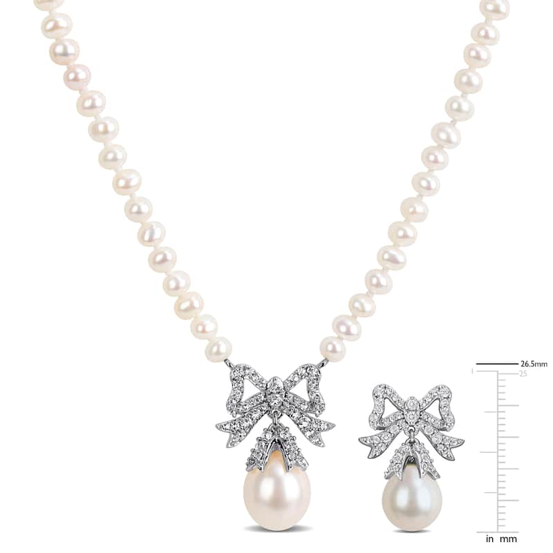 Miadora Sterling Silver Gemstone or Cultured Freshwater Pearl Bow Necklace and Earrings Set