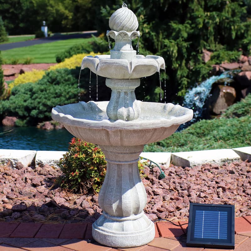 Sunnydaze 2-Tier Solar Outdoor Water Fountain with Battery Backup - 35-Inch - White
