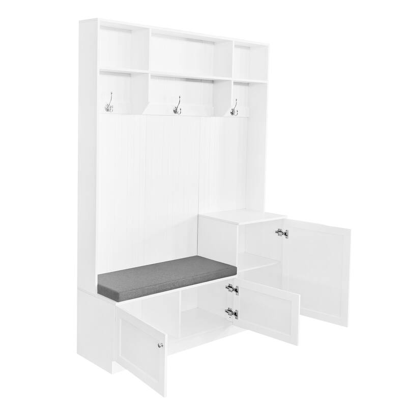 Upholstered Bench Shoe Bench with Storage Cabinets and Hooks, Coat Rack Entryway Bench with Storage Compartments