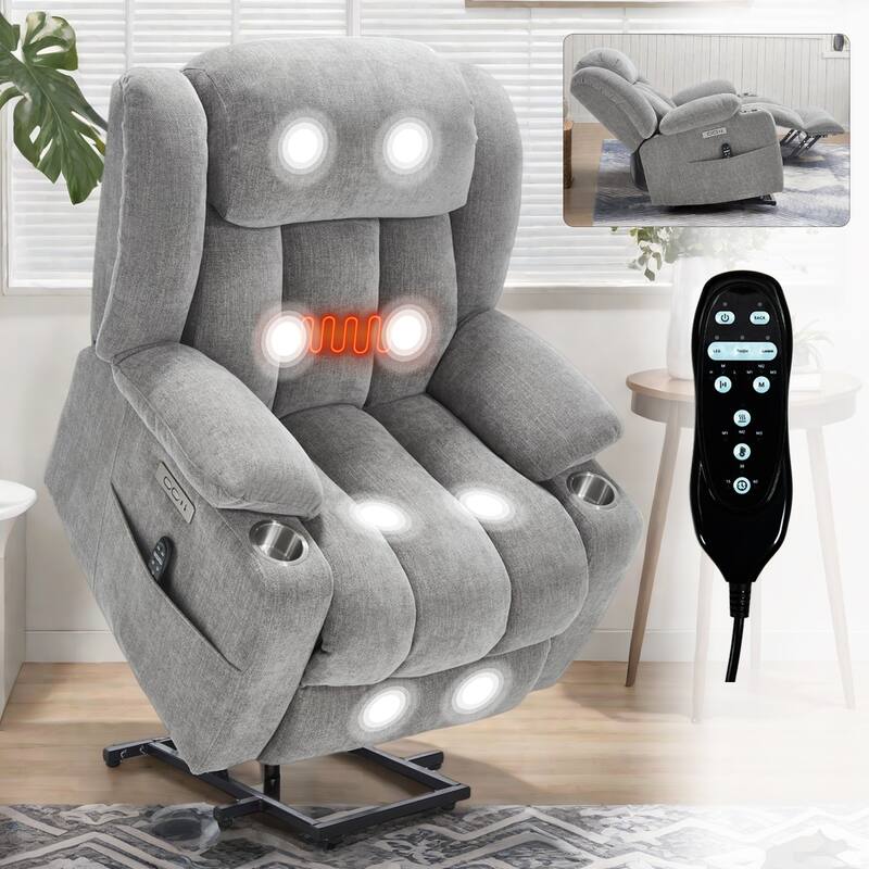 Chenille Power Lift Recliner 8 Point Vibration Massage Chair with Waist Heating, USB Ports and Stainless Steel Cup Holder