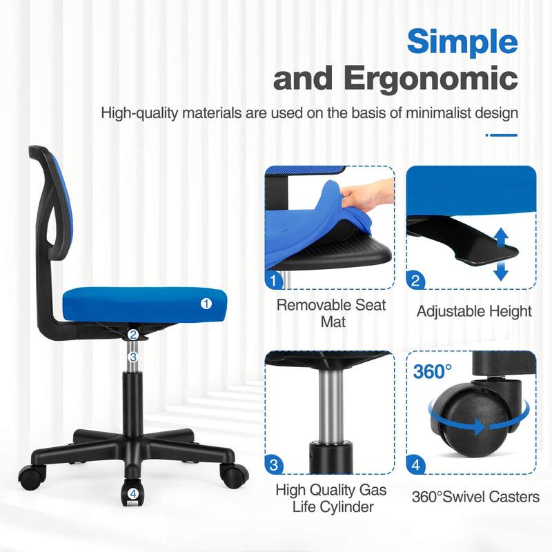 Child Armless Mesh Office Chair, Office Computer Desk Chair, Rolling Work Swivel Chairs for Home, Study, Student, Adults