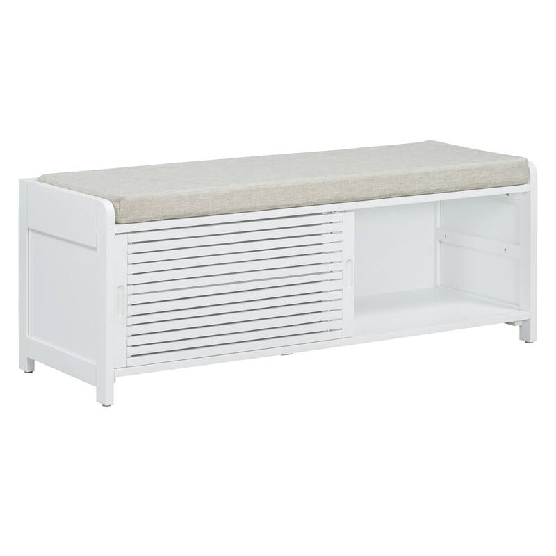 Entryway Bench Storage Shoe Bench w/ Cushion & Sliding Door, Shoe Cabinet Organizer for Living Room, 15.4" W x 43.3" D x 16.5" H