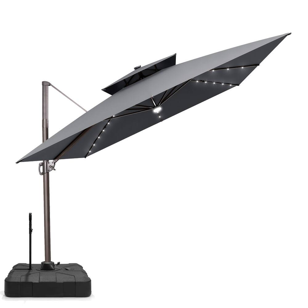 VredHom 11 FT Square Aluminum Outdoor Patio Cantilever Umbrella Solar LED Lighted with Rod Base