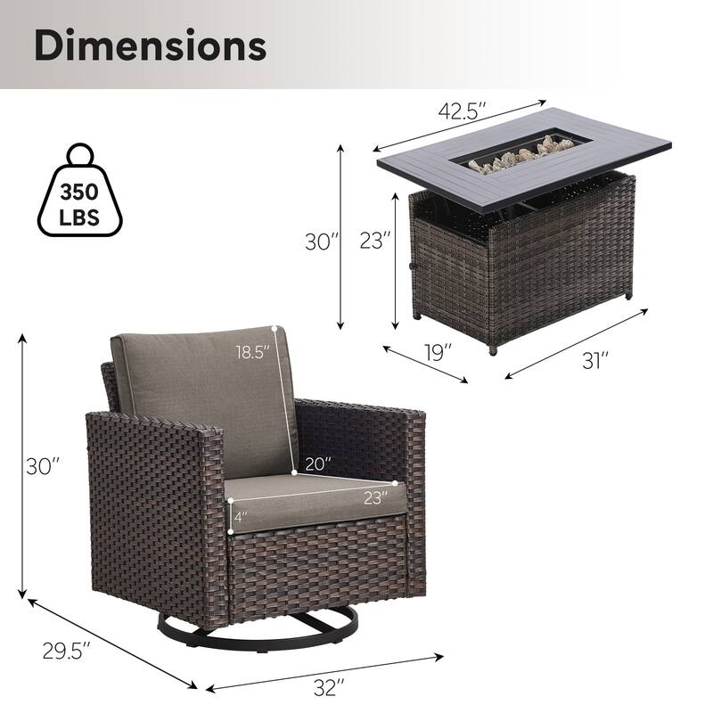 Outdoor Grey Wicker Fire Pit Table with 4 Swivel Chairs