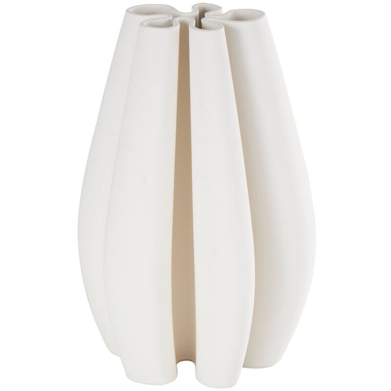 White Ceramic Ribbed Dimensional Concaved Abstract Vase with Floral Shaped Rim