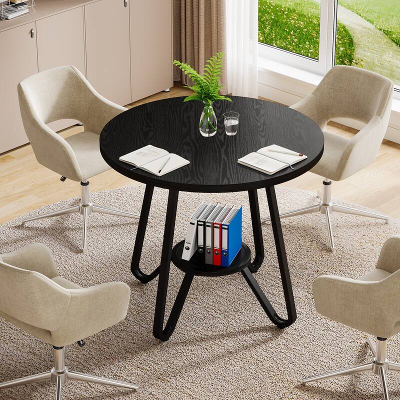 31.5" Round Wooden Conference Table Small Meeting Table - N/A - Black-2