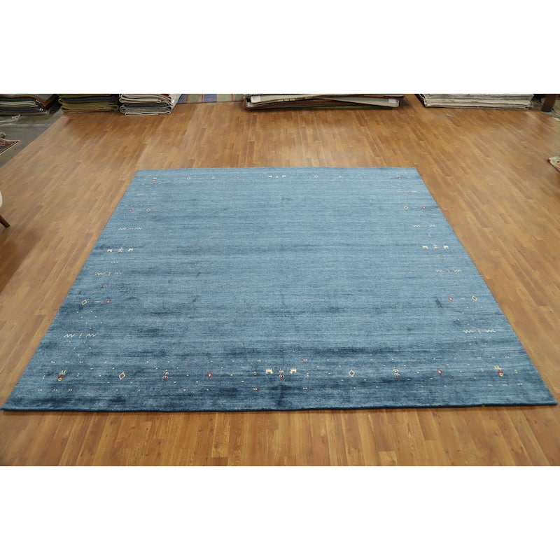 Hand Knotted Oriental Viscose Silk Carpet Tribal Animal Pictorial Navy Blue & Blues Gabbeh Area Rug - 9' 9'' X 10' 0''