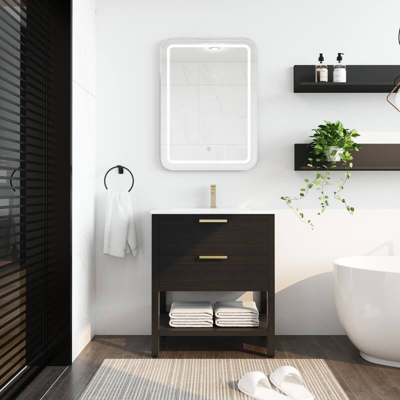 30" Bathroom Vanity with Ceramic Sink, Freestanding, Soft Closing Drawers, 4 Wood Feet, Durable and Water-Resistant - Black Chestnut + Plywood + Modern - 30in L Black Chestnut2