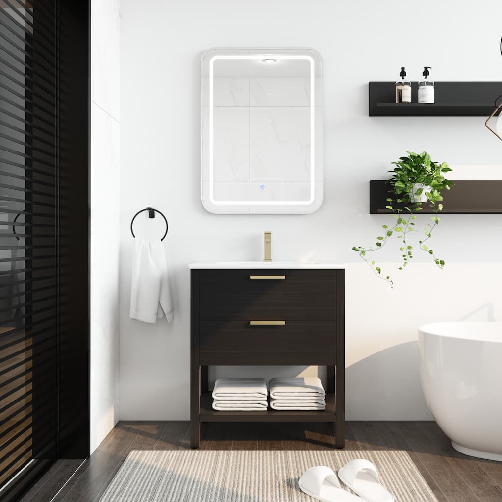 Freestanding Black Chestnut Bathroom Vanity with Ceramic Sink, Gold Metal Handle, Soft Closing Drawers - 30in L Plywood