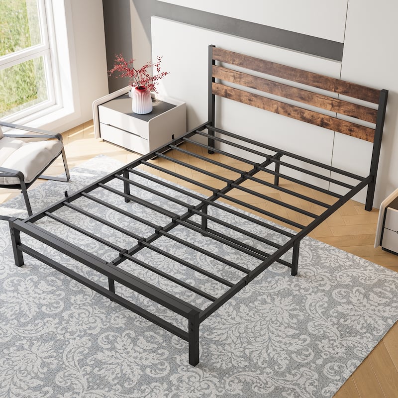 Modern Style Metal Platform Bed with Rustic Vintage Wooden Headboard for Bedroom