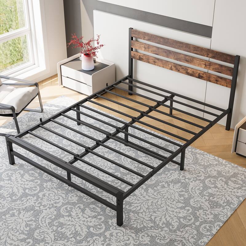 Vintage Wood & Metal Platform Bed Frame, Queen/Full/Twin, Strong Slat Support