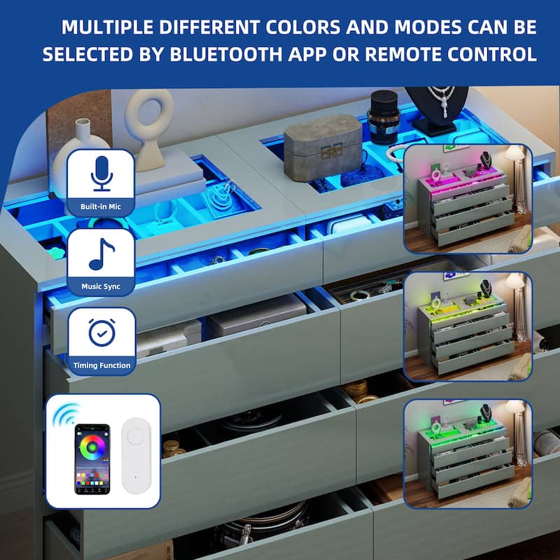 Moasis 8 Drawer High Gloss Dresser with RGB LED Light for Modern Bedroom Storage