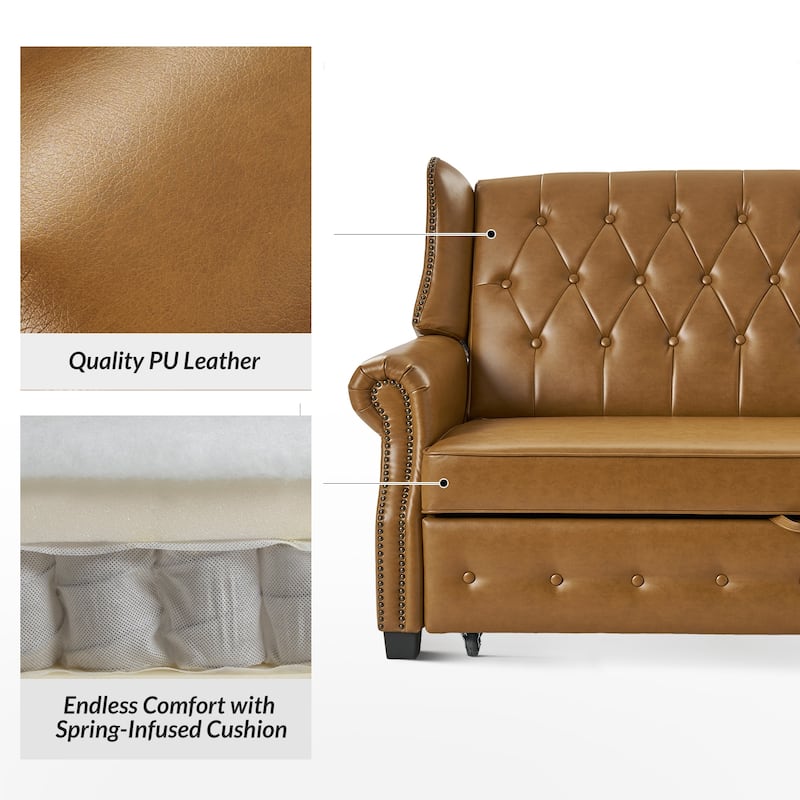 Ruedi Transitional 73.6" Vegan Leather Sofa Bed with Tufted Back and Nailhead by HULALA HOME