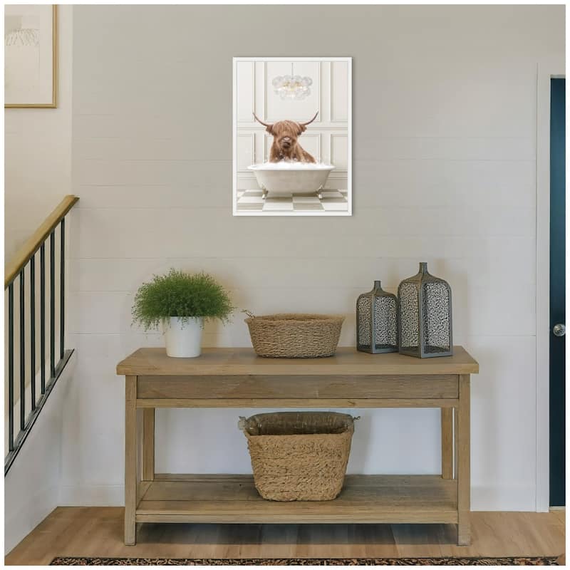 Kate and Laurel Sylvie Highland Cow in Lux Bathtub Framed Canvas by Amy Peterson