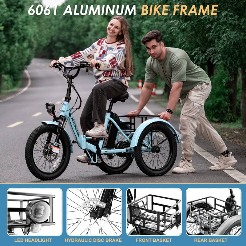 DoCred Electric Folding Tricycle for Adult with Front and Rear Baskets