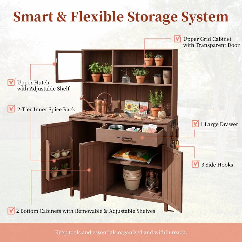 Roomfitters 65" Garden Potting Bench with Storage Hutch, Outdoor Potting Table & Prep Station, Drawer, Cabinet, Shelves