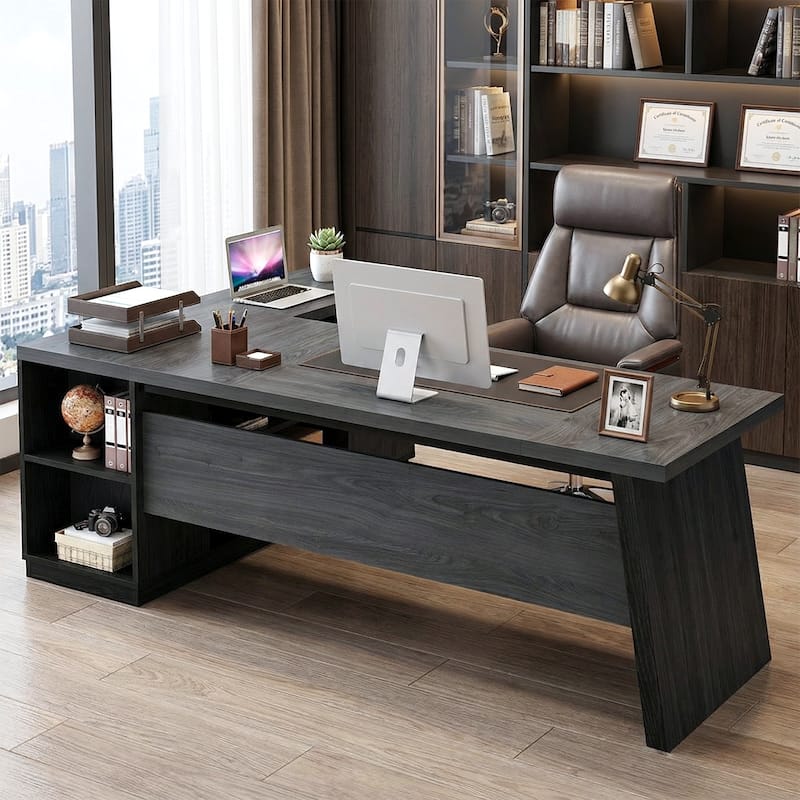 78" L-Shaped Executive Desk with File Cabinet & Shelves, Home Office - Grey